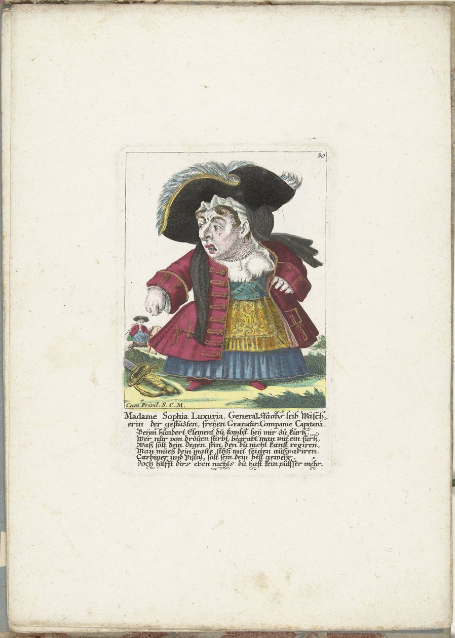 De dwerg Madame Sophia Luxuria, noin 1710 Madame Sophia Luxuria, kenraali Staabin vartalonpesija leikatussa, ilmaisessa Granatir-Companie Capitanassa (nimi esineessä) Il Callotto resurcitato tai vastikään kalustettu pieni kaappi (sarjan nimi) tekijältä Martin Engelbrecht (attributed to)