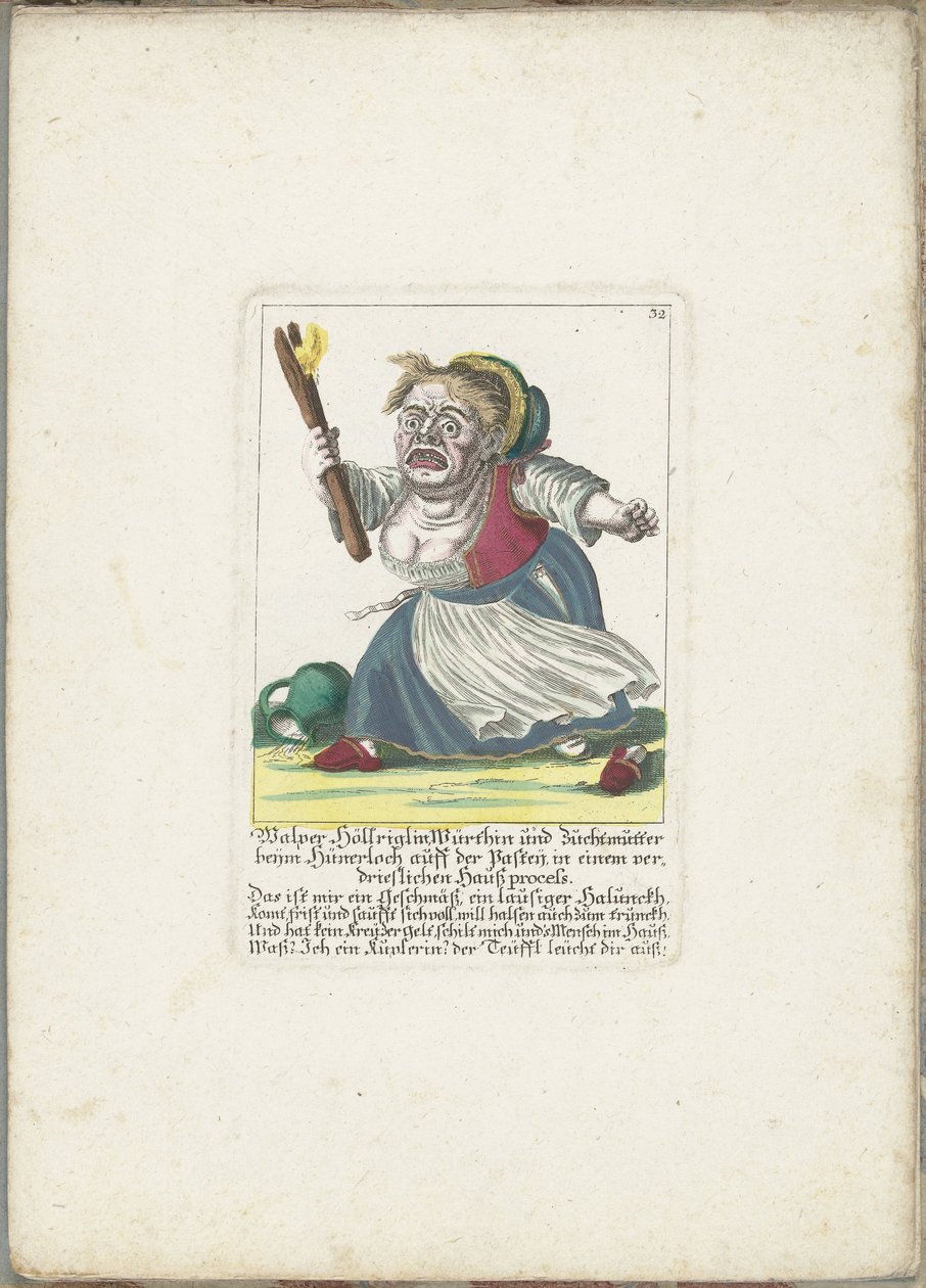 De dwerg Malper Höllriglin waardinina, noin 1710 Malper Höllriglin Würthin ja siitosemä Hünerloch auff der Pasteijissa ällöttävässä kotimaisessa oikeusjutussa (otsikko esineessä) Il Callotto resurcitato tai vastikään kalustettu pieni kaappi (sarjan nimi tekijältä Martin Engelbrecht (attributed to)