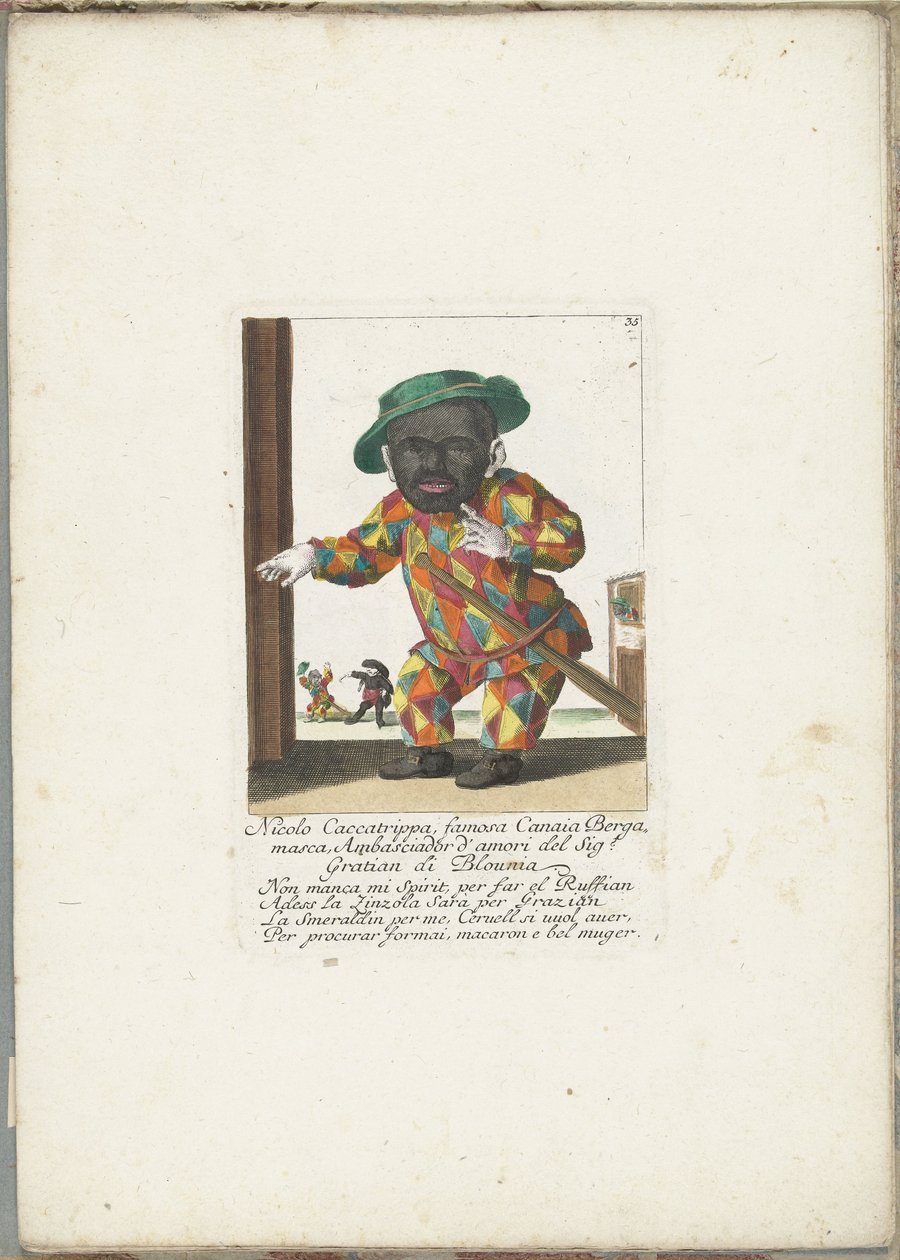 De dwerg Nicolo Caccatrippa als harlekijn, ca. 1710 Nicolo Caccatrippa, kuuluisa Canaia Bergamasca, Mr. Gratian of Blounia Ambasciador d
