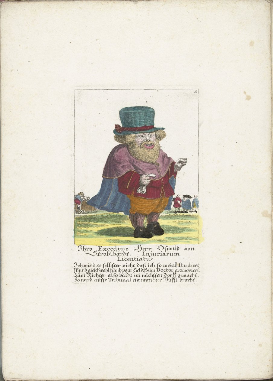 Dwerg Oswald van Stroblbardt, noin 1710 Teidän ylhäisyytenne herra Oswald von Stroblbardt Injuriarum Licentiatus (nimike esineessä) Il Callotto resurcitato tai vastikään kalustettu pieni kaappi (sarjan nimi) tekijältä Martin Engelbrecht (attributed to)