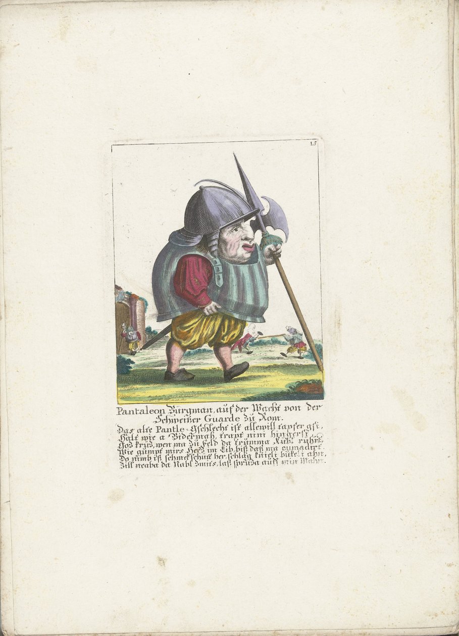 Dwerg Pantaleon Bürgman van de Zwitserse Garde te Rome, noin 1710 Pantaleon Bürgman, vartiotehtävissä Sveitsin kaartista Roomassa (nimi esineessä) Il Callotto resurcitato tai vastikään kalustettu pieni kaappi (sarjan nimi) tekijältä Martin Engelbrecht (attributed to)