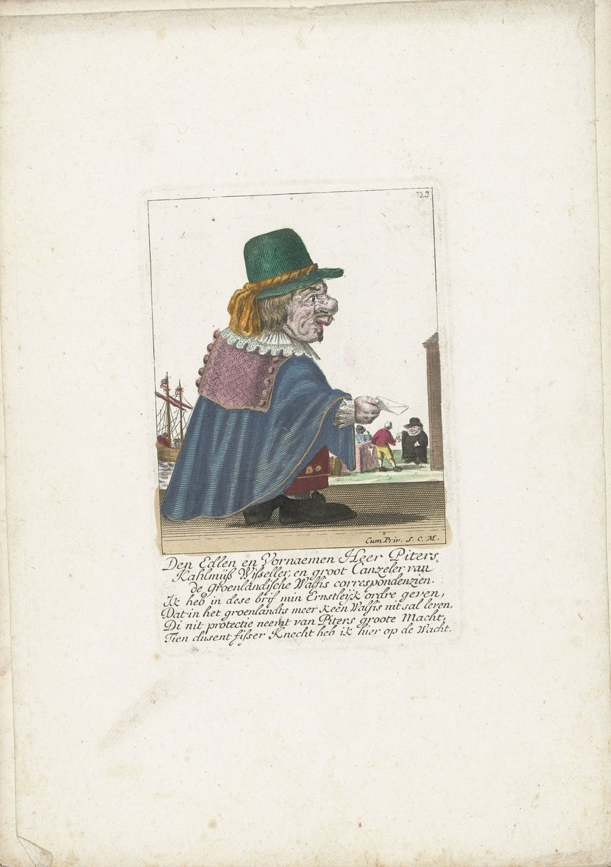 Kääpiö Piters Kahlmüß Wisseller valaanpyytäjänä, n. 1710 Den Edlen ja Vornaemen Heer Piters Kahlmüß Wisseller ja Groot Canzeler Greenlandische Walfis -kirjeenvaihtajasta (otsikko esineessä) Il Callotto resurcitato tai Neu eigerichts Zwerchen C tekijältä Martin Engelbrecht (attributed to)