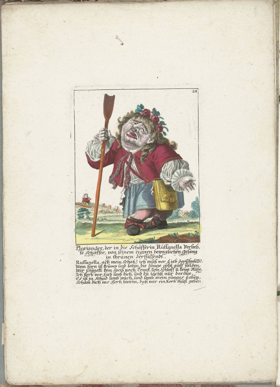 De dwerg Ploriander paimenena, n. 1710 Ploriander, paimen, joka on rakastunut paimentar Ruffanellaan, purskahti itkuun omasta liikuttavasta laulustaan ​​(otsikko esineessä) Il Callotto resurcitato tai vastikään kalustettu pieni kaappi (sarja tekijältä Martin Engelbrecht (attributed to)