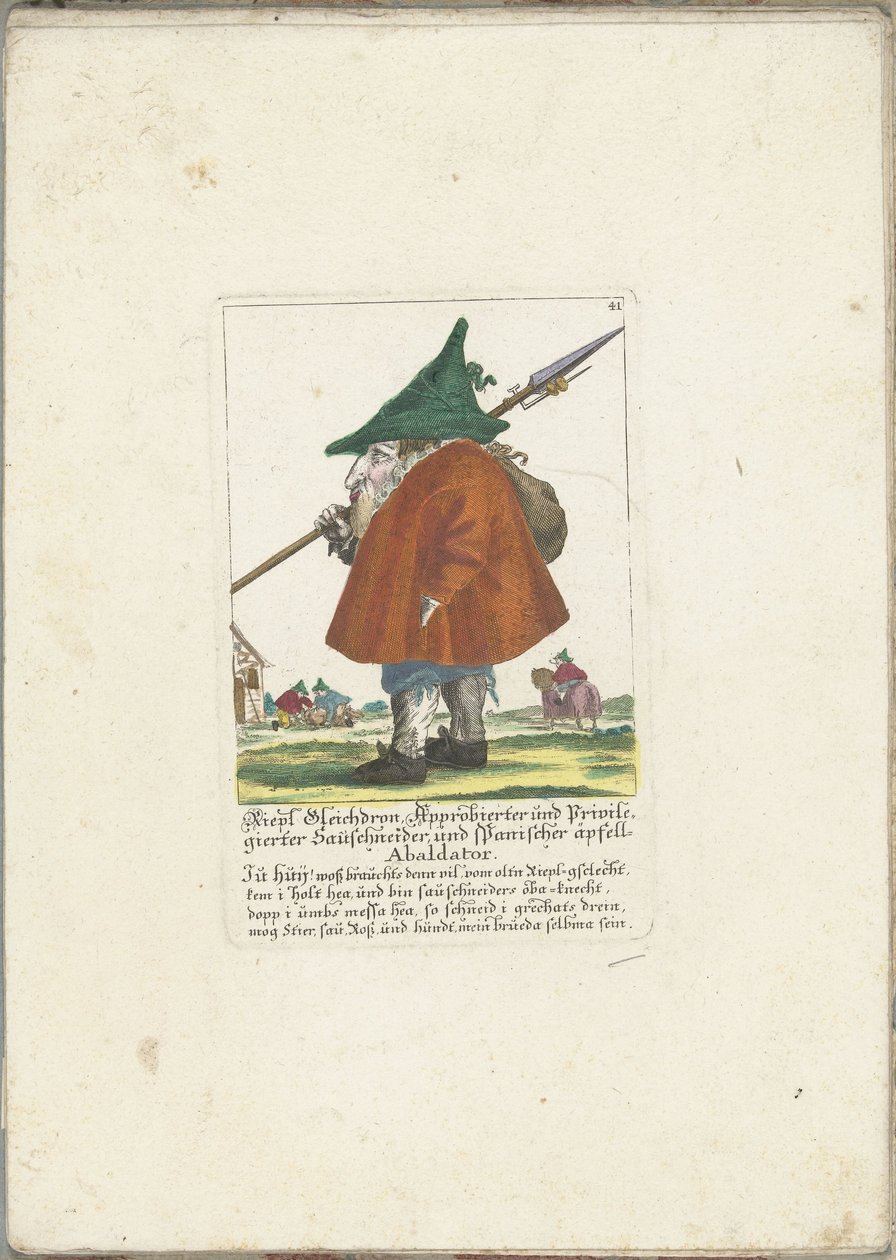 Dwerg Riepl Gleichdron, noin 1710 Riepl Gleichdron, lisensoitu ja etuoikeutettu makkaraleikkuri ja espanjalainen Apple Abaldator (otsikko esineessä) Il Callotto resurcitato tai vastikään kalustettu pieni kaappi (sarjan nimi) tekijältä Martin Engelbrecht (attributed to)