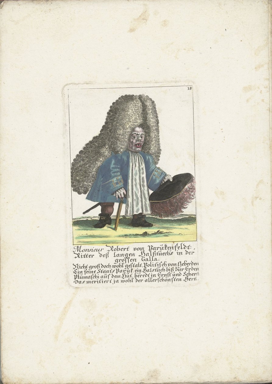 De dwerg Robert von Parukenfeldt, noin 1710 Monsieur Robert von Parukenfeldt, Pitkän kaulakankaan ritari Suuressa Gallassa (otsikko esineessä) Il Callotto resurcitato tai vastikään kalustettu pieni kaappi (sarjan nimi) tekijältä Martin Engelbrecht (attributed to)