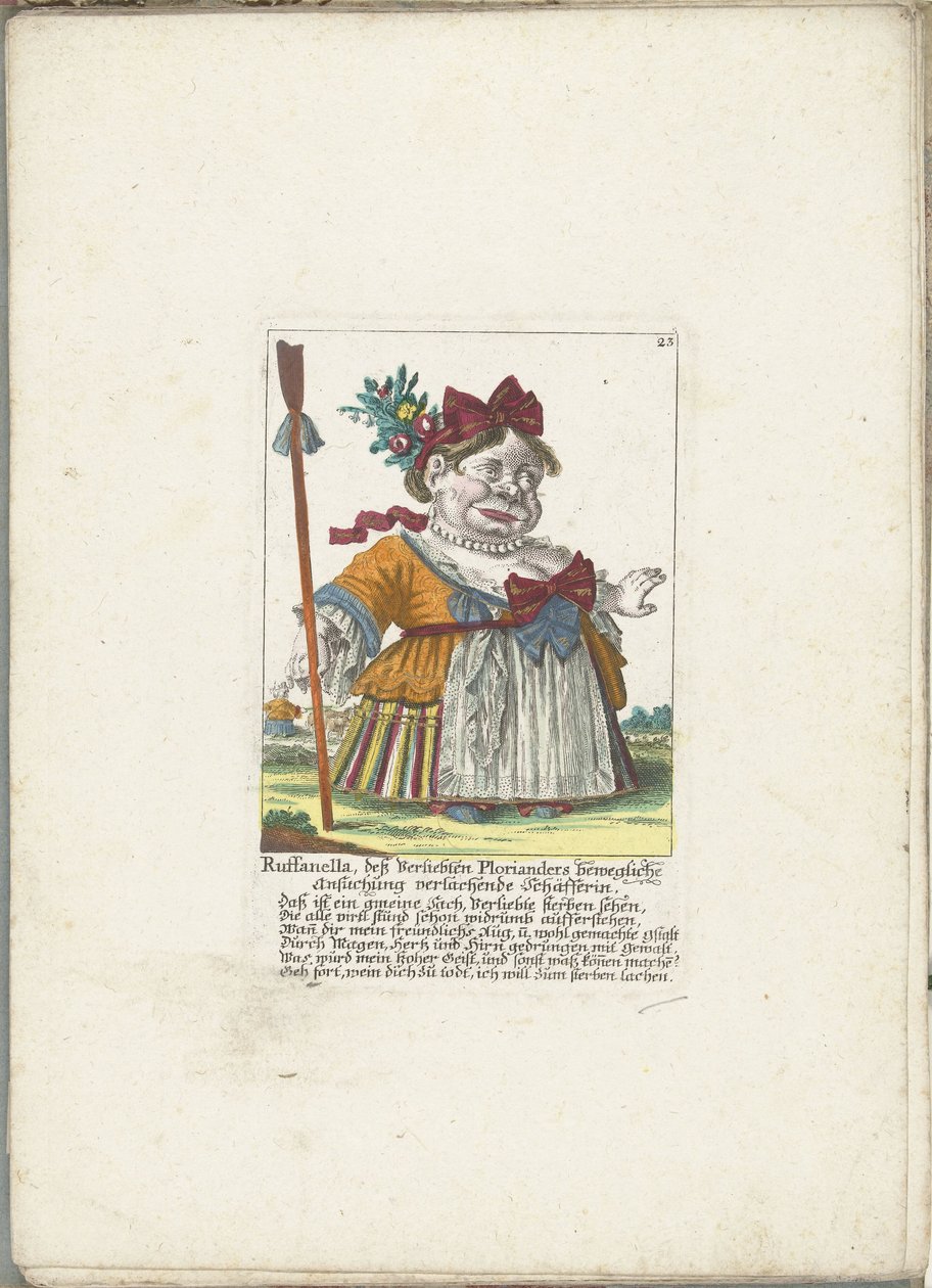 De dwerg Ruffanella paimentarina, n. 1710 Ruffanella, paimentar nauraa Plorianderin liikuttavalle pyynnöstä (otsikko esineessä) Il Callotto resurcitato tai vastikään kalustettu pieni kaappi (sarjan nimi) tekijältä Martin Engelbrecht (attributed to)