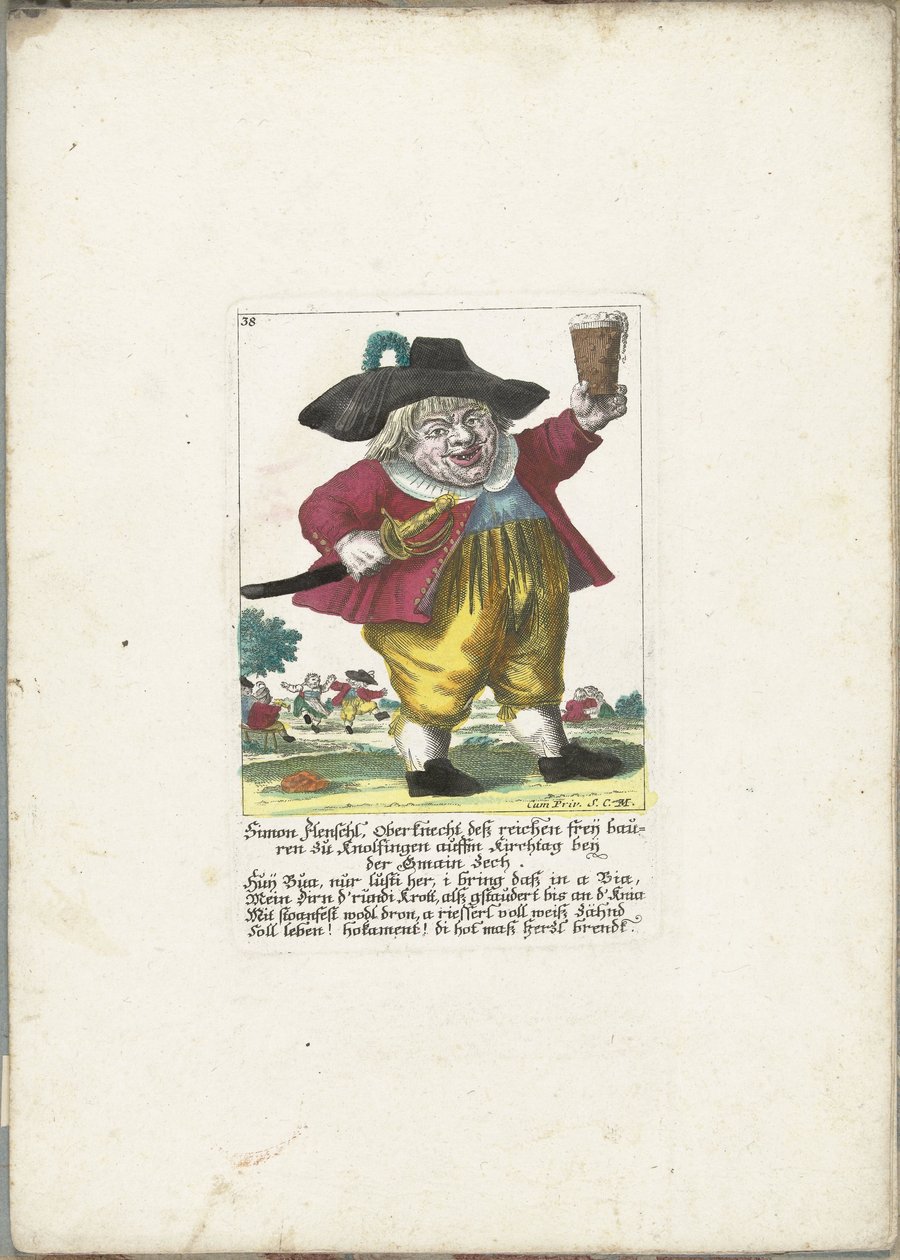 Dwerg Simon Flenschl, noin 1710 Simon Flenschl, rikkaiden Freij-viljelijöiden työnjohtaja Knolsingenissa Kirchtagissa lähellä Gmain Zechiä (nimi esineessä) Il Callotto resurcitato tai vastikään kalustettu pieni kaappi (sarjan nimi) tekijältä Martin Engelbrecht (attributed to)