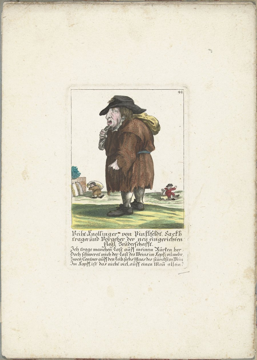 Pinklfeldtin dwerg Veith Knollinger, noin 1710 Veith Knollinger von Pinklfeldt, Baghtrager ja äskettäin perustetun Flegl Brotherhoodin edeltäjä (nimi esineessä) Il Callotto resurcitato tai vastikään kalustettu pieni kaappi (sarjan nimi) tekijältä Martin Engelbrecht (attributed to)
