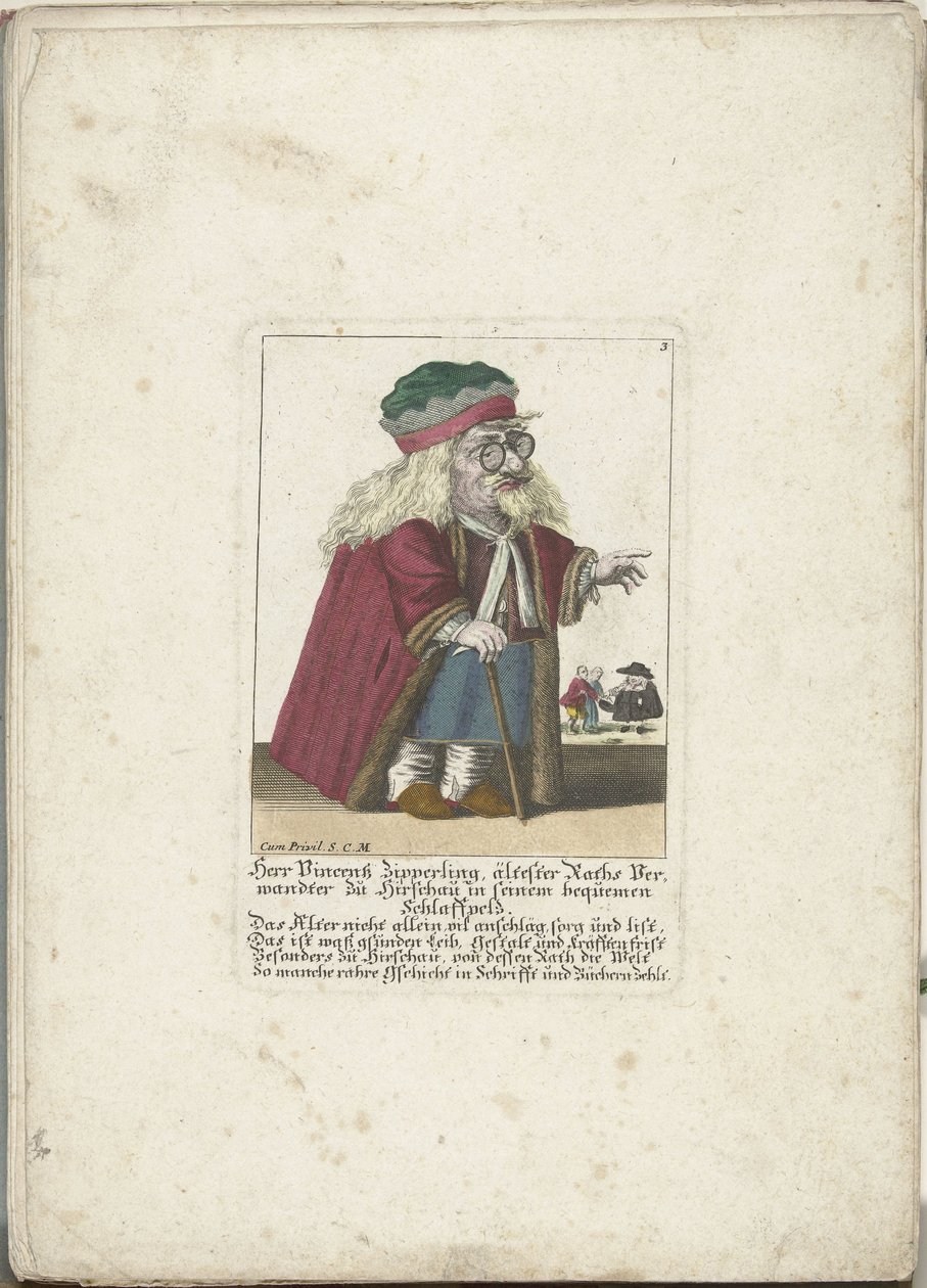 Dwerg Vincentz Zipperling in een bontjas, noin 1710 Herr Vincentz Zipperling, Rathin vanhin sukulainen Hirschaussa, mukavassa löyhässä takkissaan (nimi esineessä) Il Callotto resurcitato tai vastikään kalustettu pieni kaappi (sarjan nimi) tekijältä Martin Engelbrecht (attributed to)