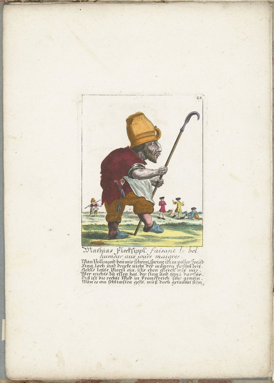 Iloinen kääpiö Mathias Flecksippl, n. 1710 Mathias Flecksippl, faisant le bel humeur aux jours maigres (otsikko esineessä) Il Callotto resurcitato tai hiljattain nimitetty Zwerchen Cabinet (sarjan nimi) tekijältä Martin Engelbrecht (attributed to)