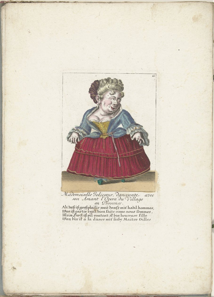 Dwerg als de Franse Mademoiselle Jolicoeur, n. 1710 Mademoiselle Jolicoeur, tanssija rakastajansa kanssa Provencen Opera du Villagessa (otsikko esineessä) Il Callotto resurcitato oder Neu eigerichtes Zwerchen Cabinet (sarjan nimi) tekijältä Martin Engelbrecht (attributed to)