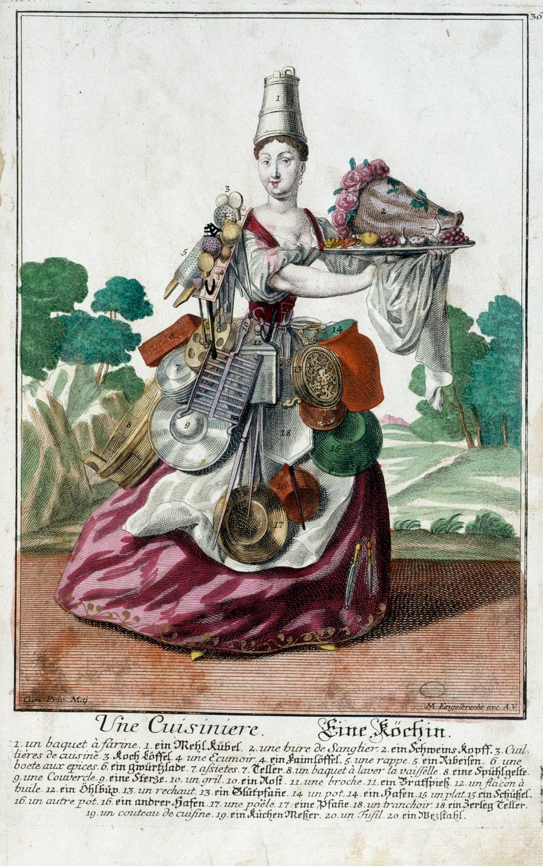 Kokki. Kaiverrus Martin Engelbrecht (1684-1756), "" Uusi kokoonpano of the manouvries habilles"" 17th century, Saksa. Pariisi, koristetaide tekijältä Martin Engelbrecht