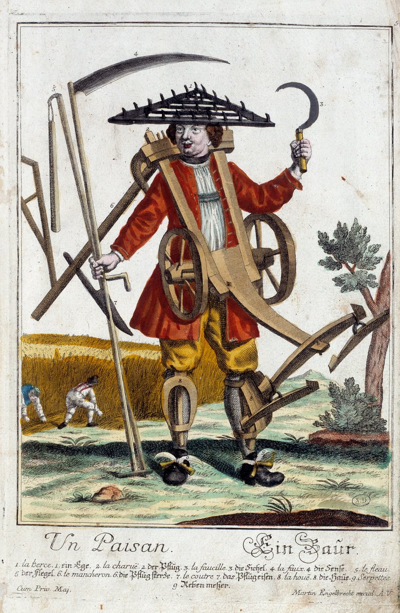 Talonpoika. Martin Engelbrechtin (1684-1756) kaiverrus, teoksessa "New assembly of the manouvries habilles" 18. vuosisata, Saksa. Pariisi, koristeellinen taide tekijältä Martin Engelbrecht