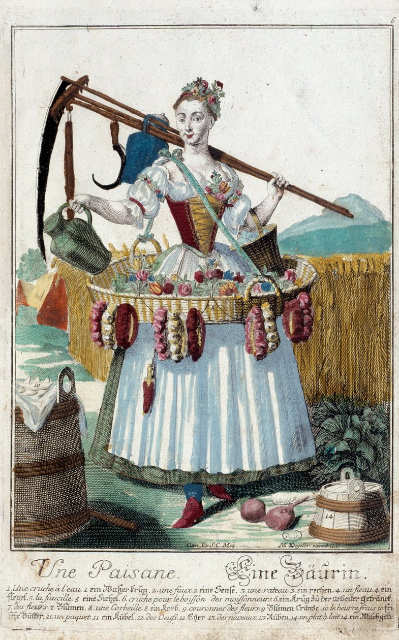 Talonpojan nainen. Kaiverrus Martin Engelbrecht (1684-1756), "" Uusi kokoonpano of the manouvries habilles"" 17th century, Saksa. Pariisi, koristetaide. tekijältä Martin Engelbrecht