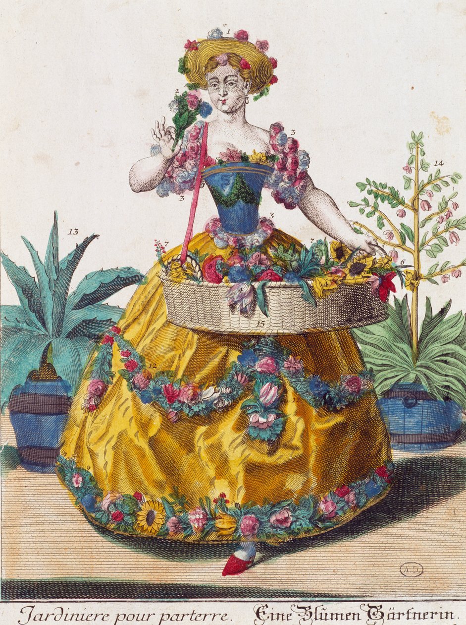 Puutarhuri, kaiverrus Martin Engelbrechtin (1684-1756) Assemblage des nouveau manouvries habilles -julkaisusta tekijältä Martin Engelbrecht