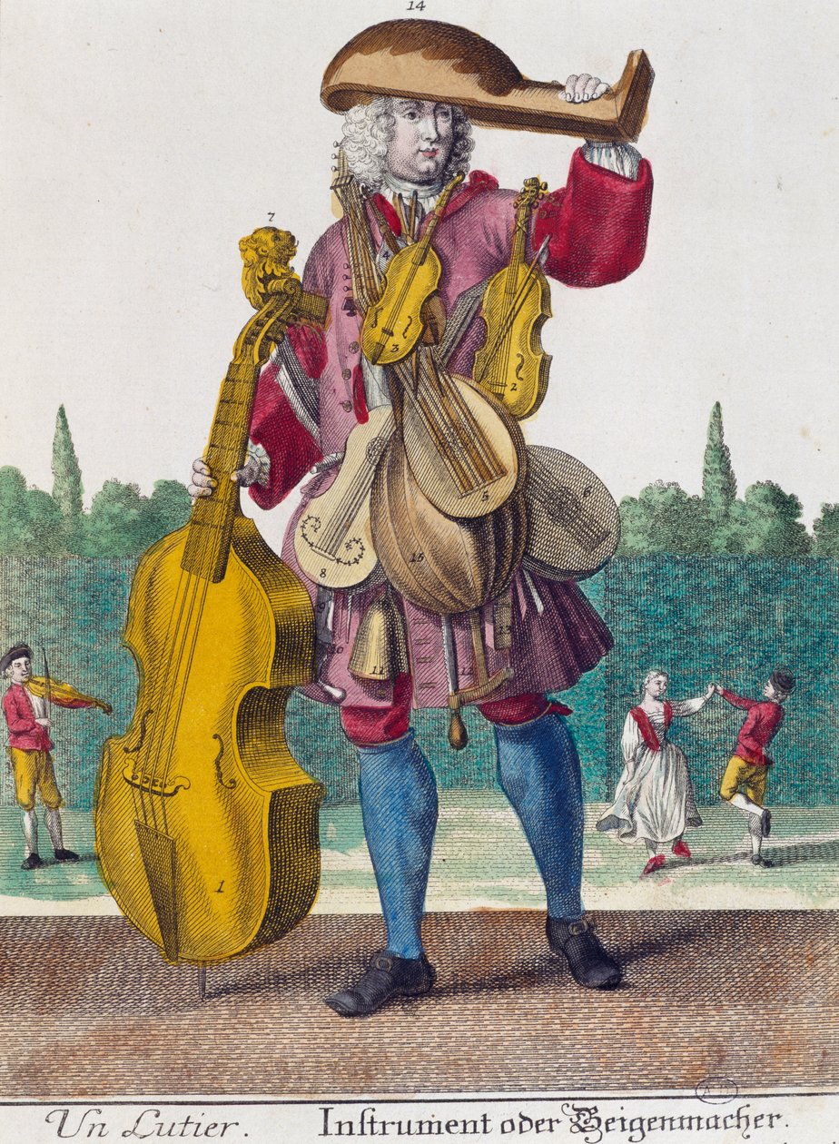 Luutunsoittaja, kaiverrus Martin Engelbrechtin (1684-1756) Assemblage des nouveau manouvries habilles -julkaisusta tekijältä Martin Engelbrecht