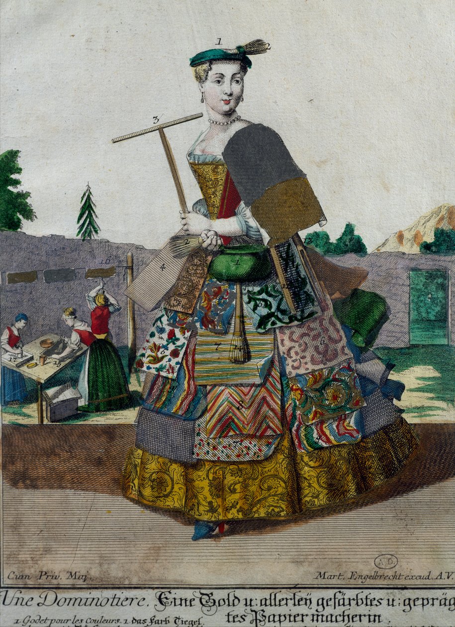 Värillisten papereiden valmistaja, kaiverrus Assemblage des nouveau manouvries habilles Martin Engelbrecht (1684-1756), Saksa tekijältä Martin Engelbrecht