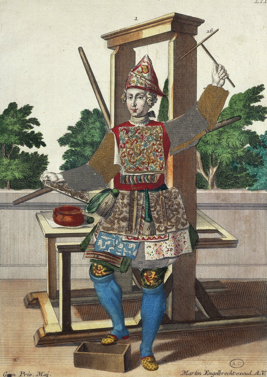Värillisten papereiden valmistaja, kaiverrus Assemblage des nouveau manouvries habilles Martin Engelbrechtistä (1684-1756), Saksa tekijältä Martin Engelbrecht