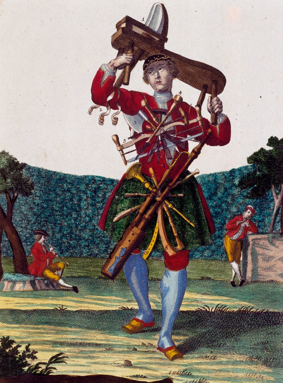 Huilujen valmistaja, kaiverrus Martin Engelbrechtin (1684-1756) Assemblage des nouveau manouvries habilles -julkaisusta tekijältä Martin Engelbrecht