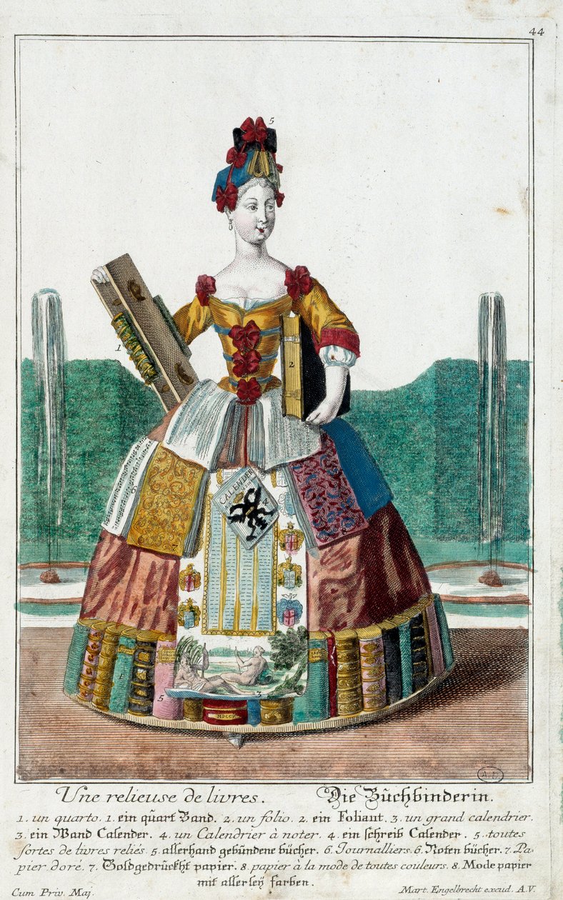 Metier: Kirjanside. Kaiverrus Martin Engelbrecht (1684-1756), "" Uusi kokoonpano of the manouvries habilles"" 17th century, Saksa. Pariisi, koristetaide tekijältä Martin Engelbrecht