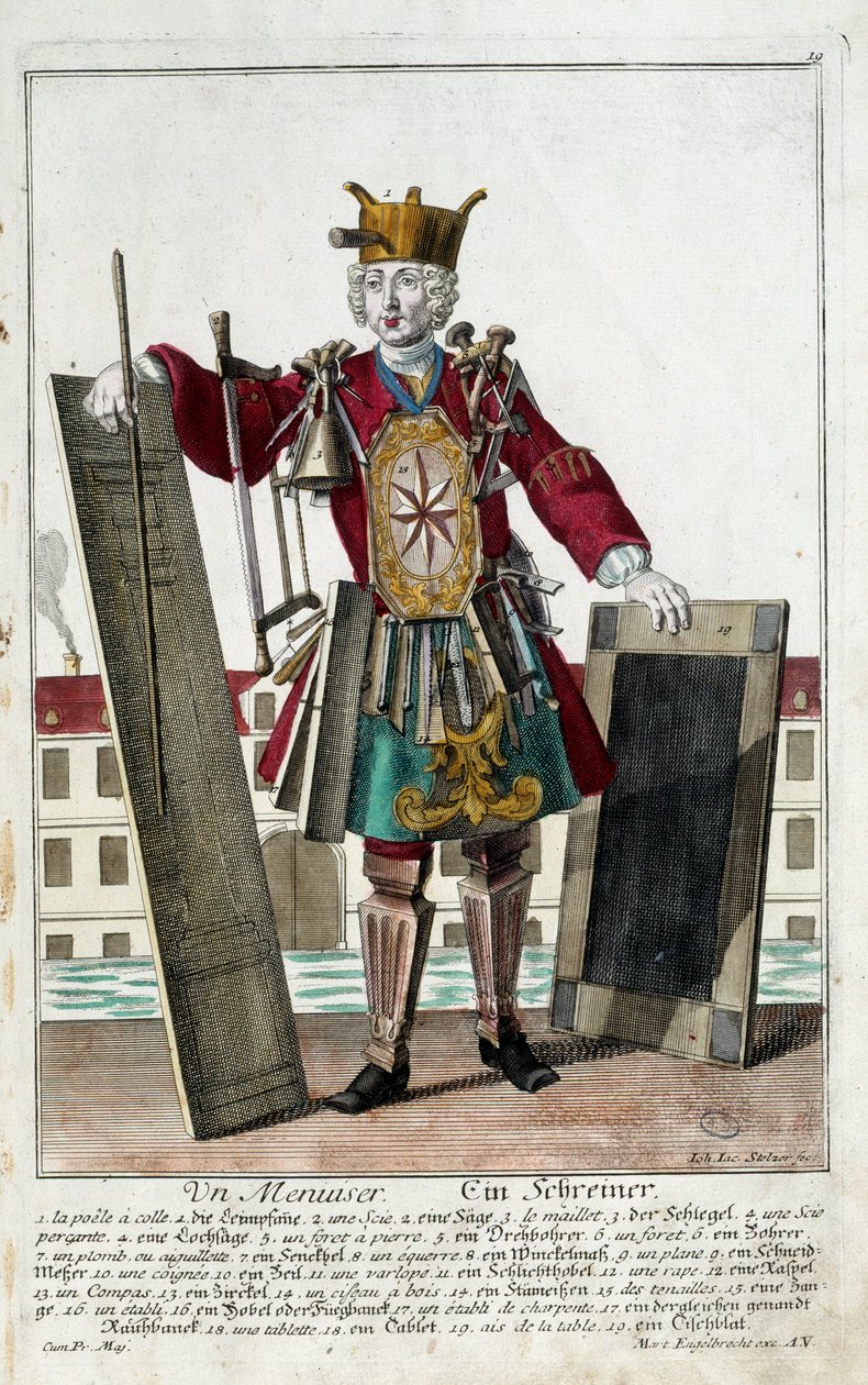 Työntekijä: Puuseppä. Kaiverrus Martin Engelbrecht (1684-1756), "" Uusi kokoonpano of the manouvries habilles"" 17th century, Saksa. Pariisi, koristetaide tekijältä Martin Engelbrecht