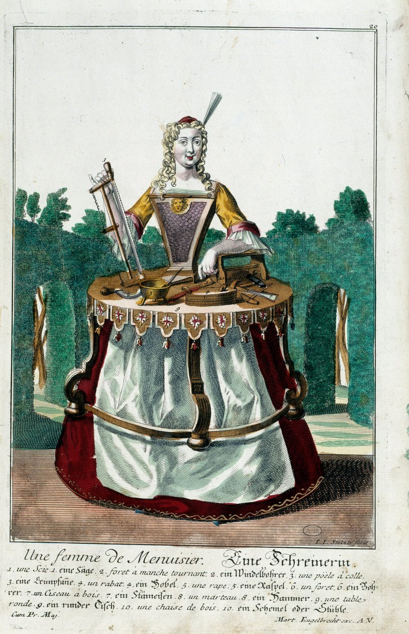 Metier: Puusepän vaimo. Kaiverrus Martin Engelbrecht (1684-1756), "" Uusi kokoonpano of the manouvries habilles"" 17th century, Saksa. Pariisi, koristetaide tekijältä Martin Engelbrecht