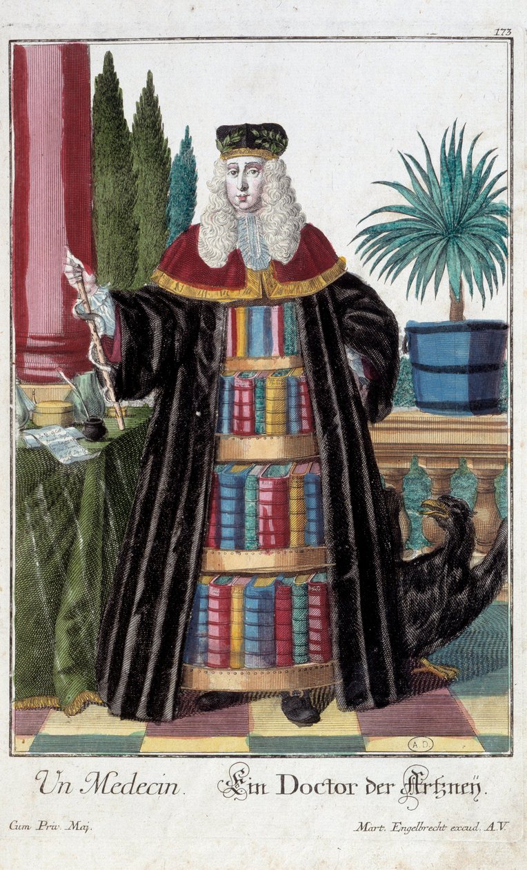 Metier: Lääkäri. Kaiverrus Martin Engelbrecht (1684-1756), "" Uusi kokoonpano of the manouvries habilles"" 17th century, Saksa. Pariisi, koristetaide tekijältä Martin Engelbrecht