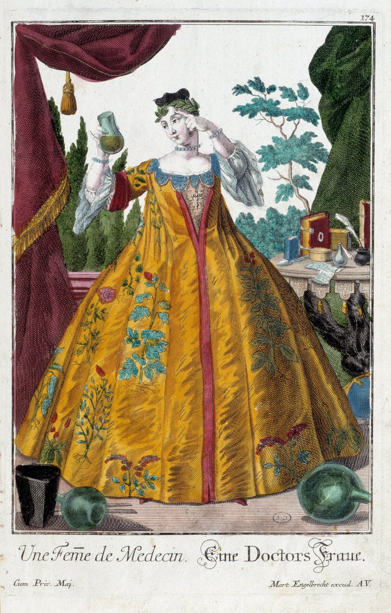Metier: Lääkärin vaimo. Kaiverrus Martin Engelbrecht (1684-1756), "" Uusi kokoonpano of the manouvries habilles"" 17th century, Saksa. Pariisi, koristetaide tekijältä Martin Engelbrecht