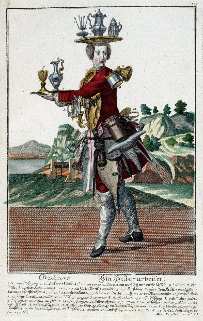 Metier: Kultakala. Martin Engelbrechtin (1684-1756) kaiverrus, teoksessa "New assembly of the manouvries habilles" 18. vuosisata, Saksa. Pariisi, koristeellinen taide tekijältä Martin Engelbrecht