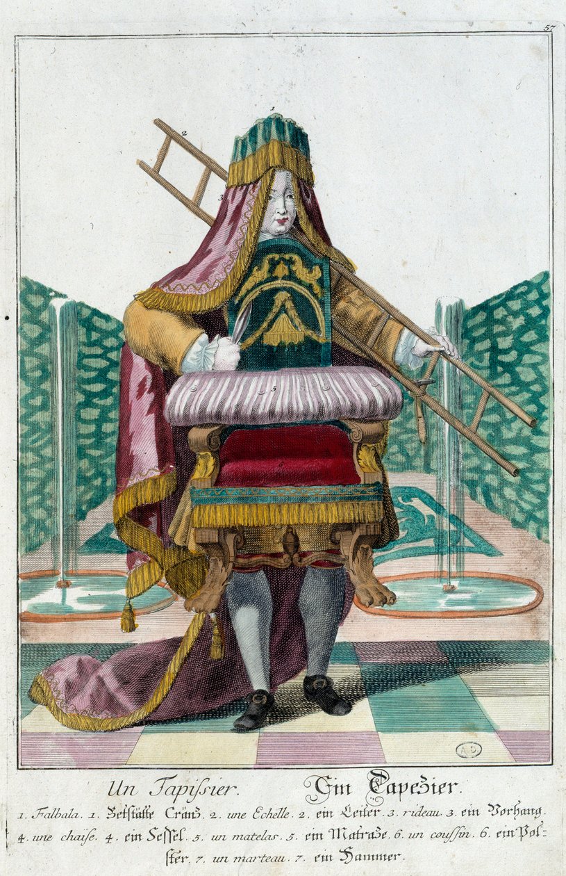 Koko: Verhoilu. Kaiverrus Martin Engelbrecht (1684-1756), "" Uusi kokoonpano of the manouvries habilles"" 17th century, Saksa. Pariisi, koristetaide tekijältä Martin Engelbrecht