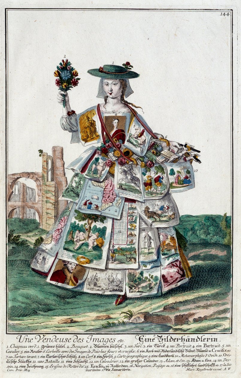 Metier: Kuvamyyjä. Kaiverrus Martin Engelbrecht (1684-1756), "" Uusi kokoonpano of the manouvries habilles"" 17th century, Saksa. Pariisi, koristetaide tekijältä Martin Engelbrecht