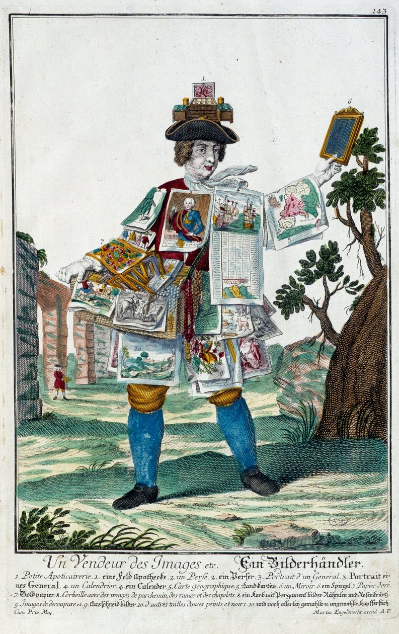 Metier: Kuvamyyjä. Kaiverrus Martin Engelbrecht (1684-1756), "" Uusi kokoonpano of the manouvries habilles"" 17th century, Saksa. Pariisi, koristetaide tekijältä Martin Engelbrecht