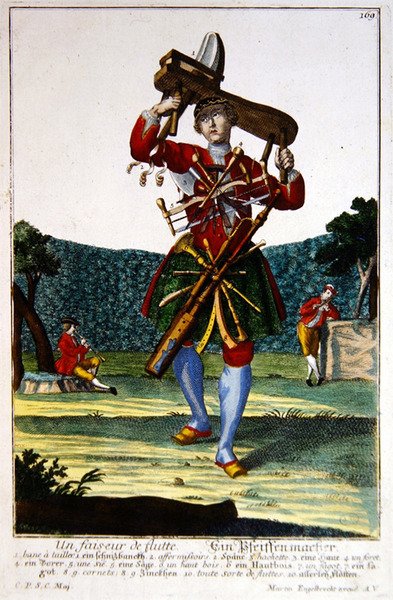 Huiluntekijä, n. 1735 (värillinen kaiverrus) tekijältä Martin Engelbrecht