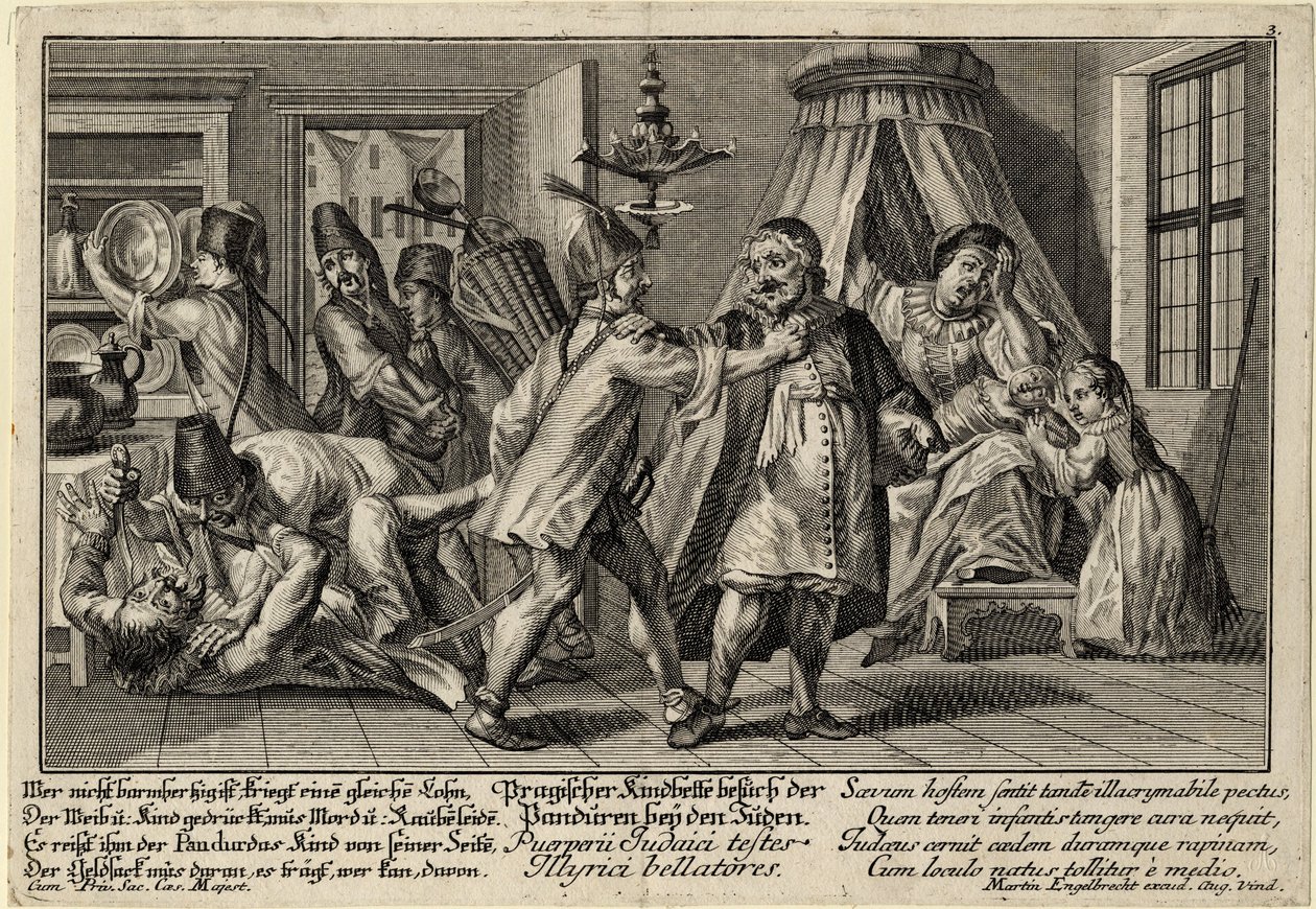 Pandurit vierailemassa juutalaisten luona - Englebrecht, Martin (1684-1756) - noin 1756 - Kuparikaiverrus - 21,3x30,9 - Yksityiskokoelma tekijältä Martin Engelbrecht