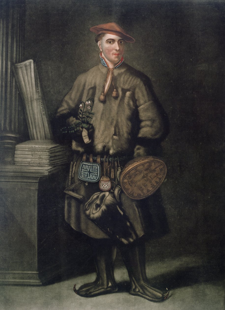 Carolus Linnaeus (1707-78) Lapin mekossaan, Henry Kingsburyn (fl.1775-98) kaivertama, julkaistu 1805 tekijältä Martin Hoffman