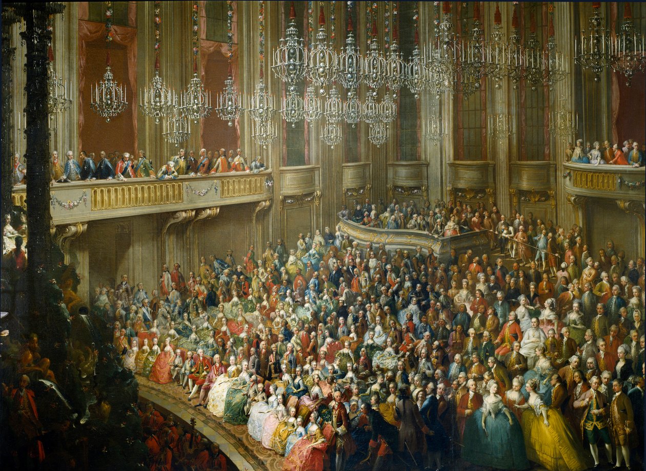 Itävallan Maria Teresen (1717-1780), Joosef II:n (1741-1790) kunniaksi, josta tuli keisari ja Isabellan Parman (Bourbon-Parma) (Bourbon Parma) vaimo 10.10.1760 nuoren Wolfgang Amadeuksen Mozart (1756-1791) on paikalla. Maalaus Sc tekijältä Martin II (school of) Mytens or Meytens