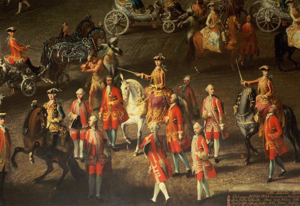 Kavalkadi Wienin Hofin talviratsastuskoulussa juhlimaan Ranskan armeijan tappiota Prahassa, 1743 (yksityiskohta, jossa näkyy Maria Theresa, Itävallan keisarinna, harmaalla hevosella) (detai) tekijältä Martin II Mytens or Meytens
