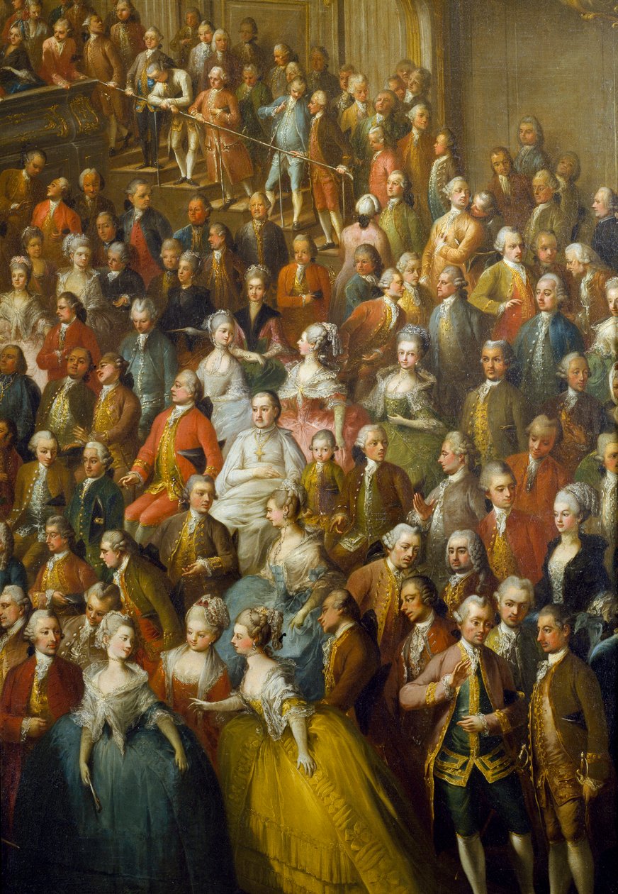 Itävallan Maria Teresen (1717-1780), tulevan keisari Joseph II:n (1741-1790) ja hänen Isabellan Parman (Bourbon-Parma, Bourbon Parma) vaimonsa kunniaksi pidetty juhla 10.10.1760 Yksityiskohta keskittää nuori Wolfgang Amadeus Mozart (1756-1791). tekijältä Martin II Mytens or Meytens