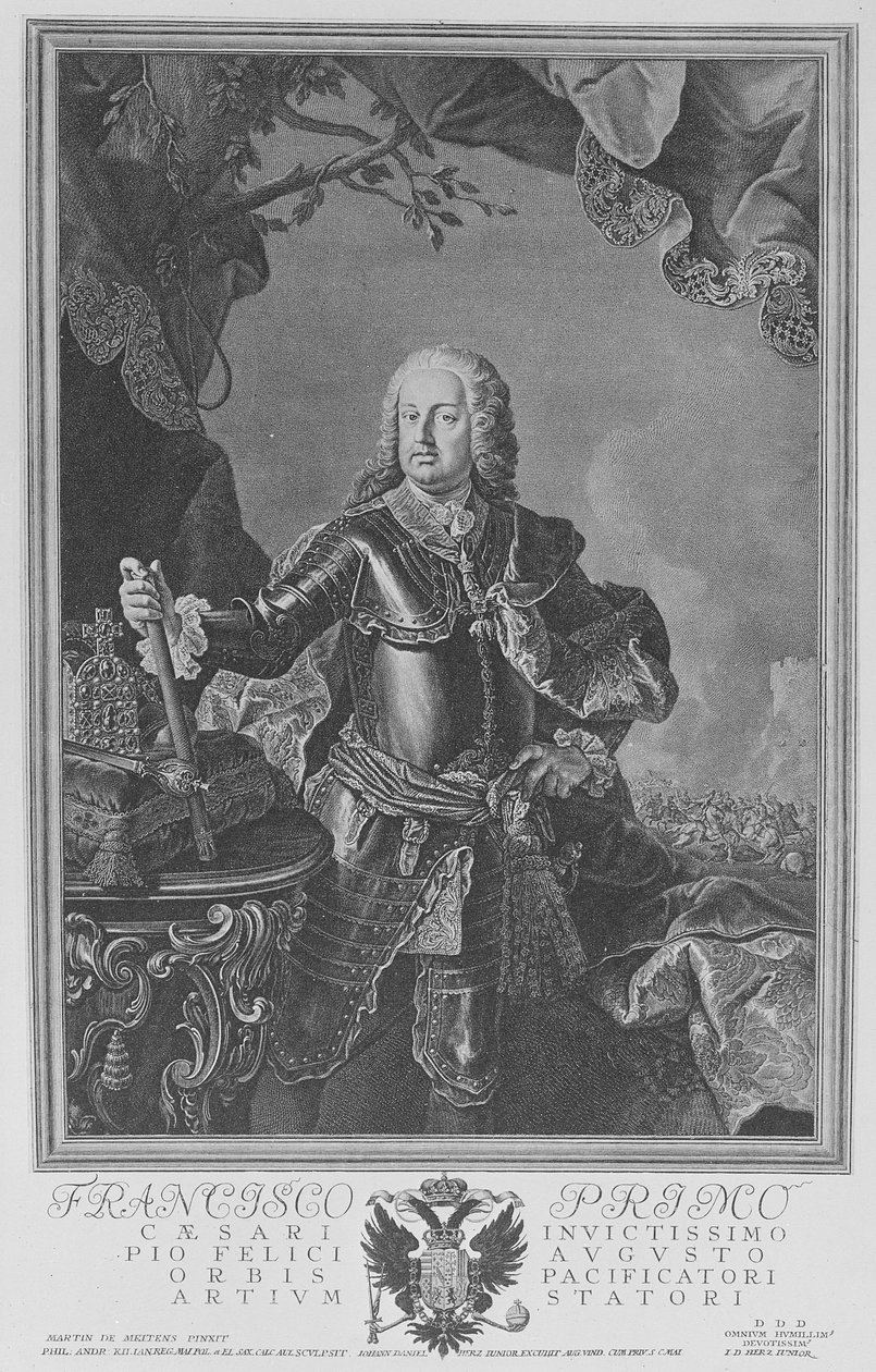 Francis I, Pyhän Rooman keisari, kaiverrus Philipp Andreas Kilian tekijältä Martin II Mytens or Meytens