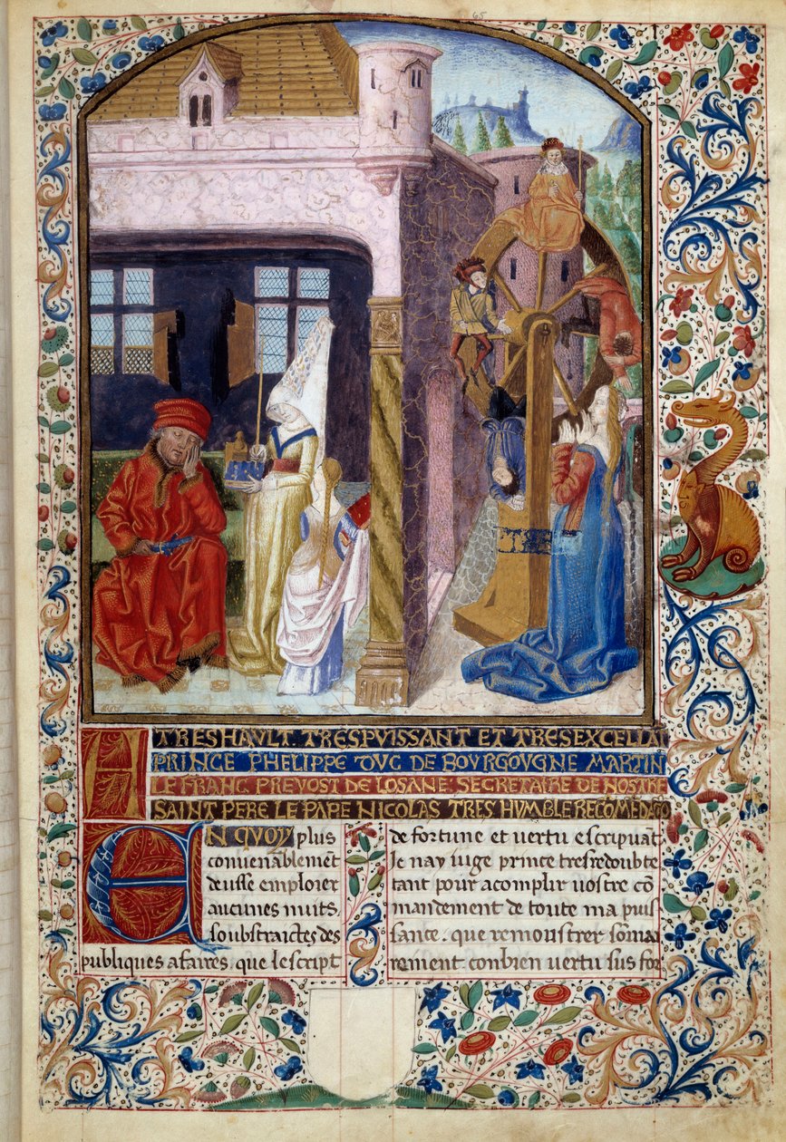 Onnen allegoria: nuoren naisen esitys lähellä Onnenpyörää. Miniatyyri Martin Le Francin (1410-1461) "Onnen ja hyveen hengestä" 1447-1448, Paris B.N. tekijältä Martin Le Franc
