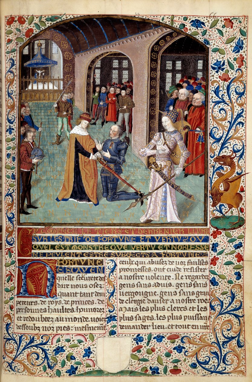 Hyveen allegoria: vasalli osoittaa kunnioitusta herralleen hyveen läsnäollessa. Miniatyyri Martin Le Francin (1410-1461) "Onnen ja hyveen hengestä" 1447-1448, Paris B.N. tekijältä Martin Le Franc