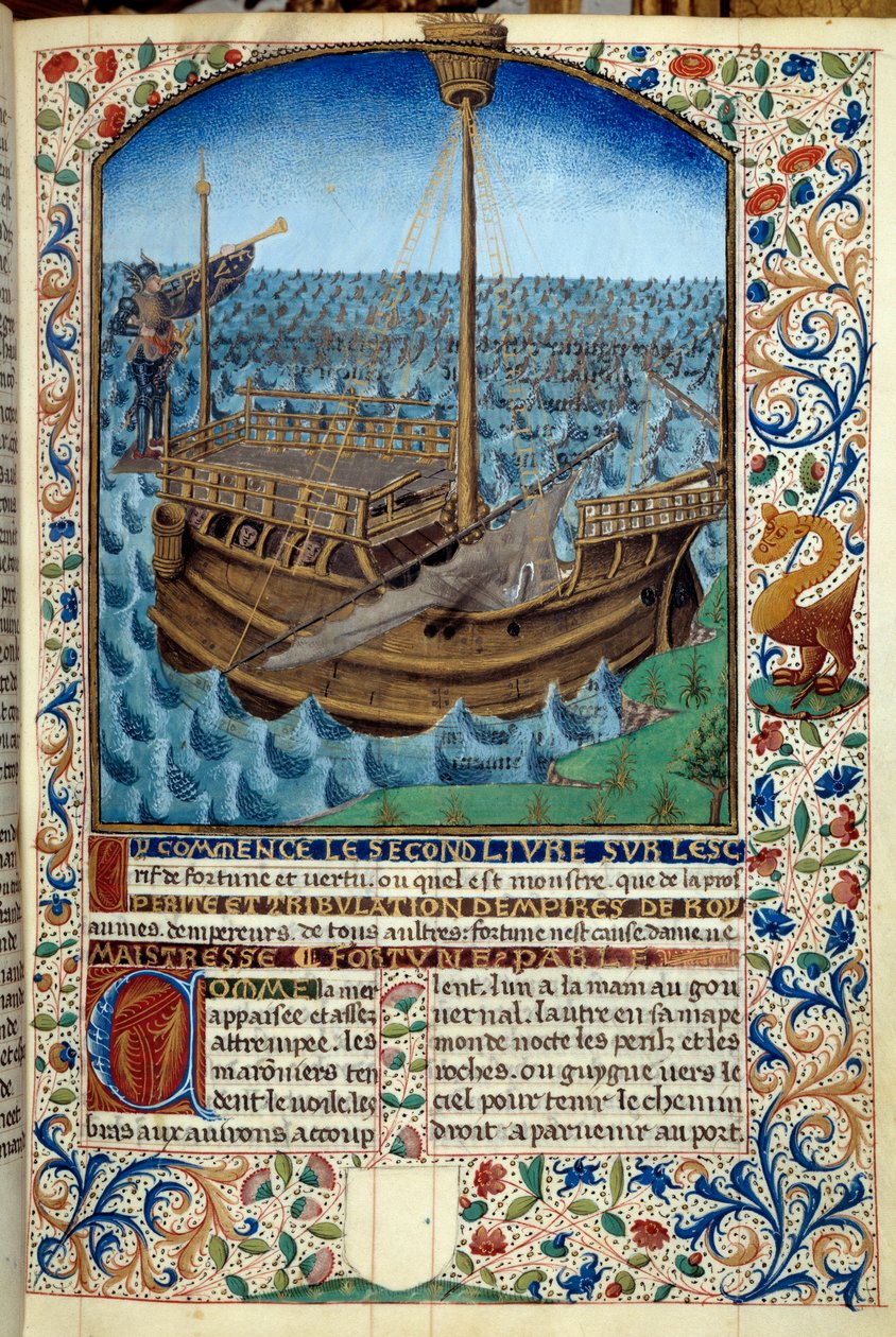 Laivan esitys merellä - Miniatyyri Martin Le Francin (1410-1461) 1447-1448 teoksesta "Onnen ja hyveen henki" - Paris B.N. - Laiva merellä - Pienoismaalaus käsikirjoituksesta "Onnen ja hyveen henki" Kirjailija: Martin Le Franc (1410-1461) tekijältä Martin Le Franc