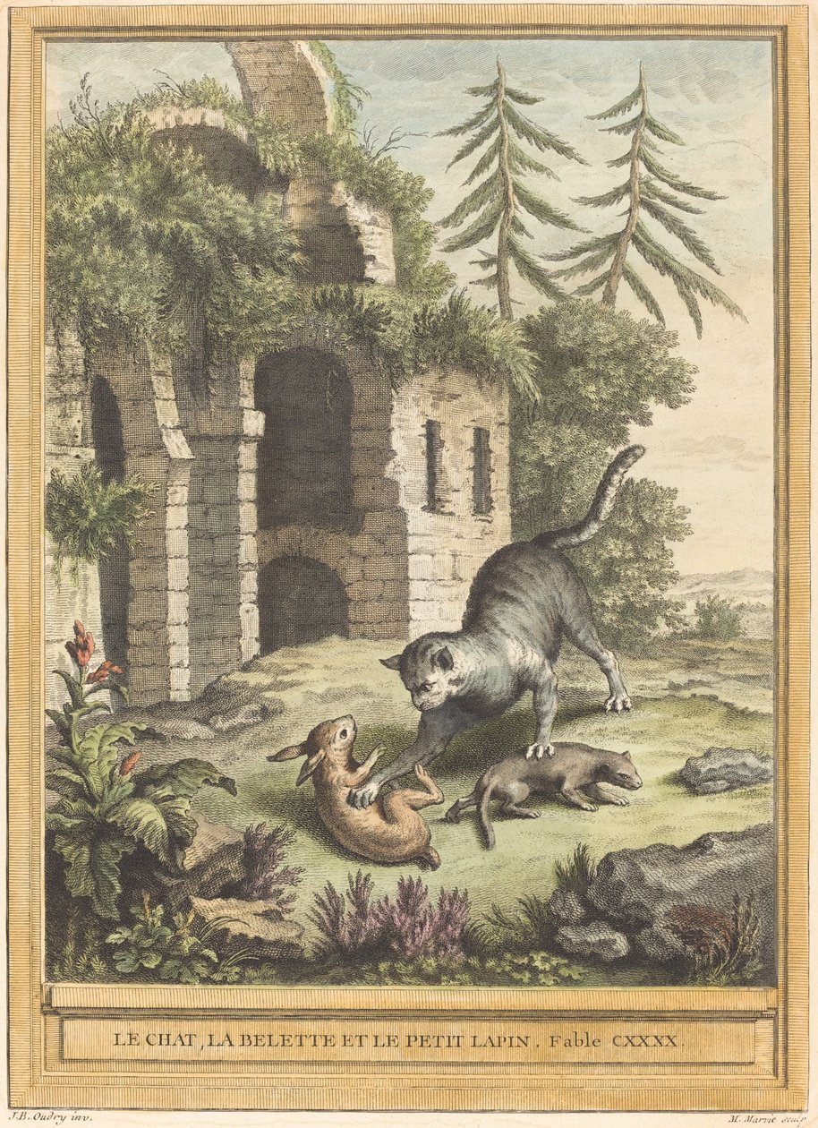 Le chat, la belette et le petit lapin (Kissa, lumikko ja kani) tekijältä Martin Marvie after Jean Baptiste Oudry