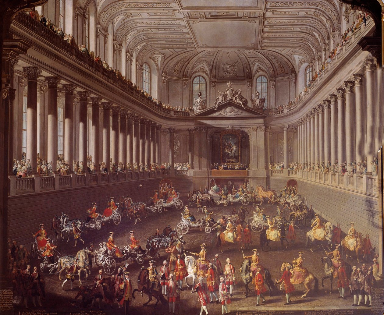Wienin espanjalaisen maneesin karuselli juhlistaa Ranskan tappiota Prahassa vuonna 1763. Itävallan Marie Therese (1717-1780) on edustettuna valkoisella hevosella Martin Meytensin koulun (1695-1770) maalaus 1700-luvun Wienissä. Kunsthistorische Mus tekijältä Martin Meytens the Younger