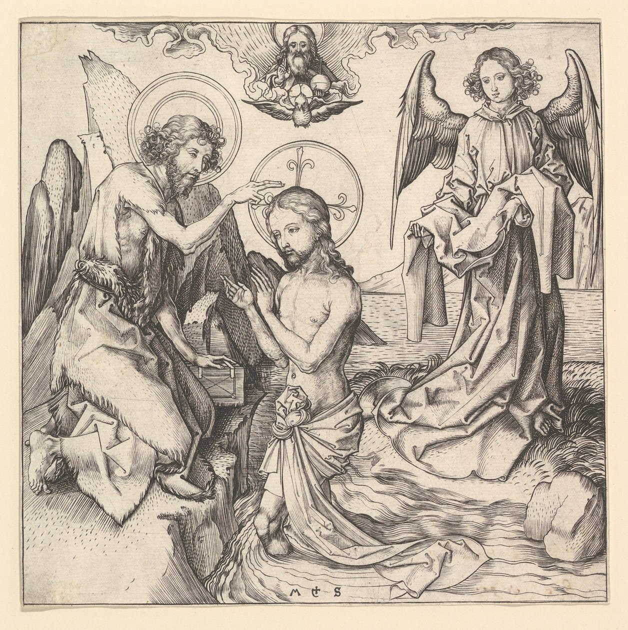 Kristuksen kaste, n. 1470-1474. tekijältä Martin Schongauer