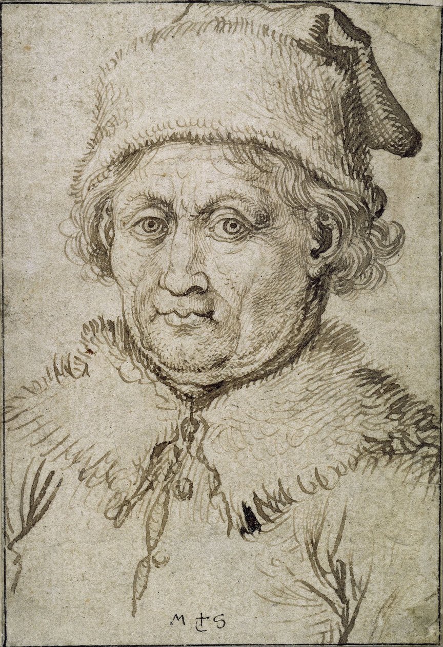 Rinnan mittainen kuva vanhasta miehestä, jolla on turkiskaulus ja hattu. tekijältä Martin Schongauer
