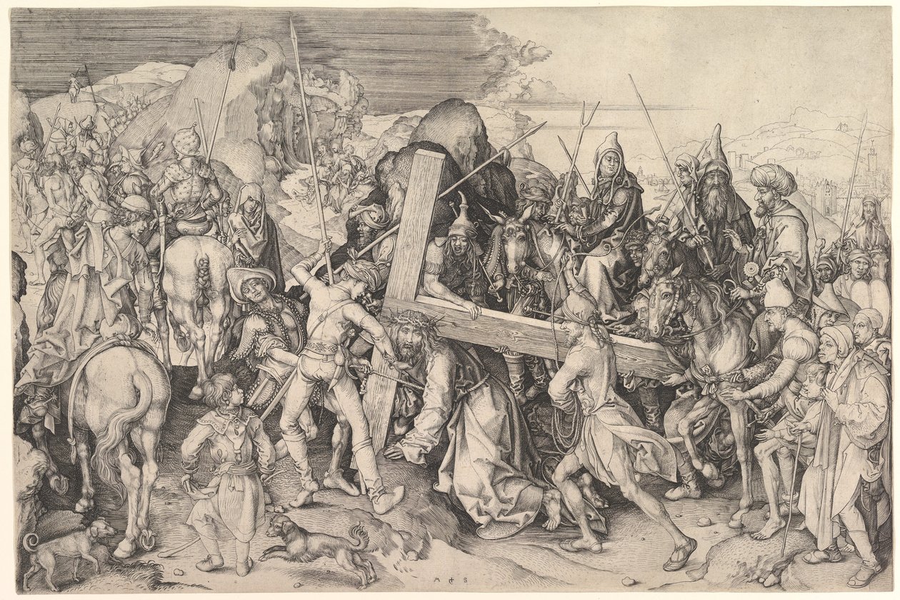 Kristus kantaa ristiä, n. 1475-1480 (kaiverrus) tekijältä Martin Schongauer
