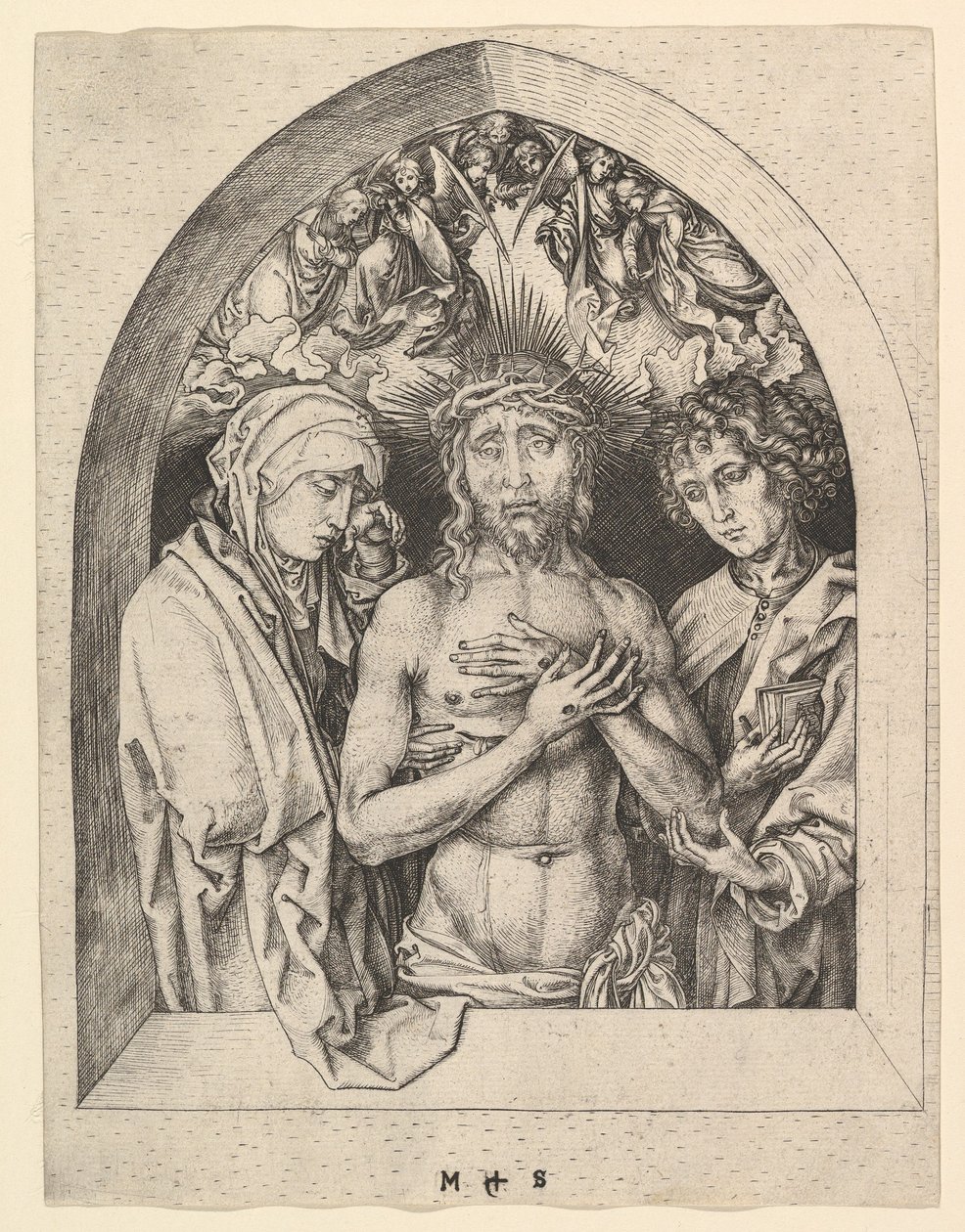 Kristus surujen miehenä Neitsyen ja Pyhän Johanneksen kanssa, n. 1435-1491. tekijältä Martin Schongauer