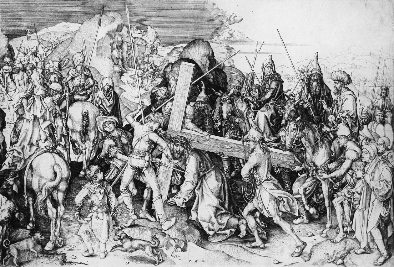 Kristus kantamassa ristiään, n.1475 (kaiverrus) tekijältä Martin Schongauer
