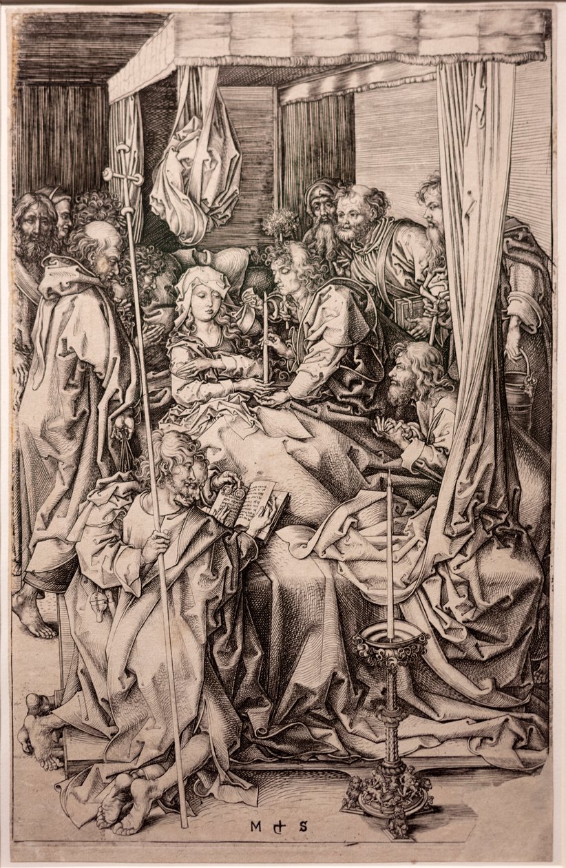 Kaiverrus paperille. Neitsyen kuolema. Martin Schongauer. Noin 1470-1491. (kaiverrus paperille) tekijältä Martin Schongauer